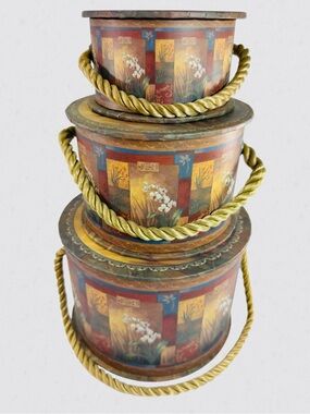 Once Upon A Rose Floral Stackable Nesting Round Storage Boxes Twist Rope Handle